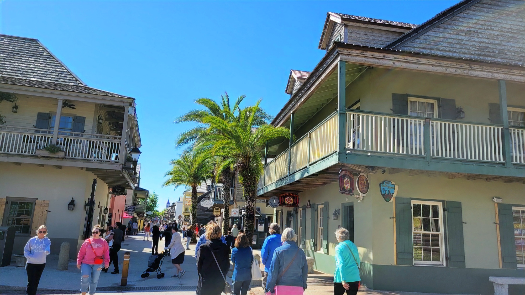 Palms, storefronts, and pedestrians along St. George Street in downtown St. Augustine